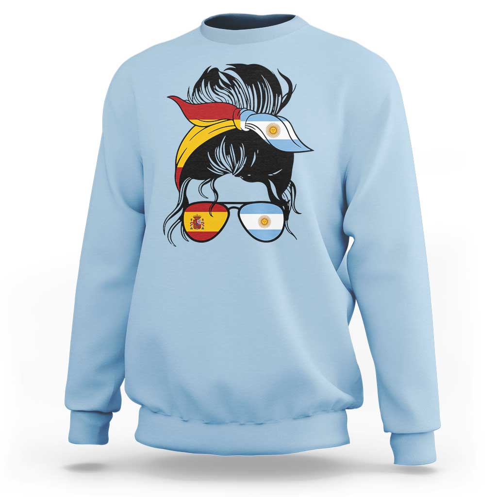 Argentina Spain Flag Messy Bun Girl Graphic Sweatshirt Cool Latina Argentine Spanish Pride Match Day