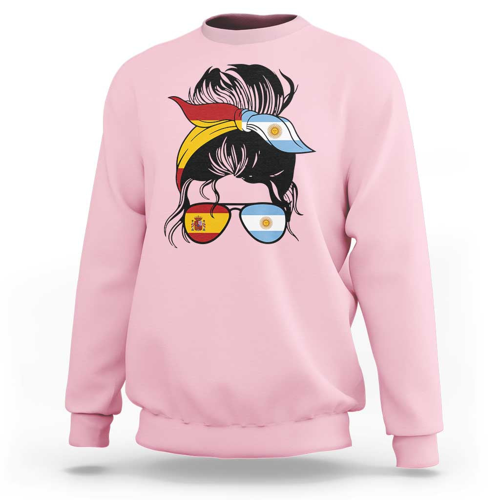 Argentina Spain Flag Messy Bun Girl Graphic Sweatshirt Cool Latina Argentine Spanish Pride Match Day