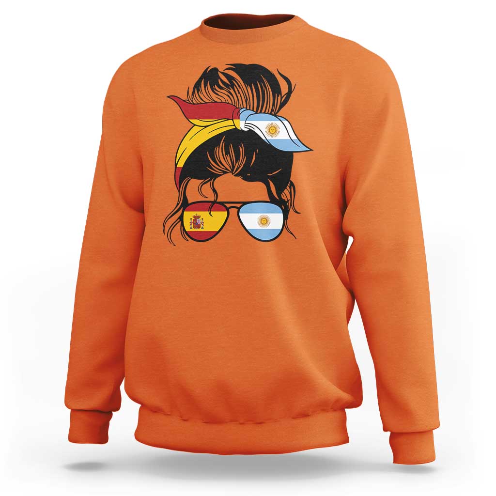 Argentina Spain Flag Messy Bun Girl Graphic Sweatshirt Cool Latina Argentine Spanish Pride Match Day