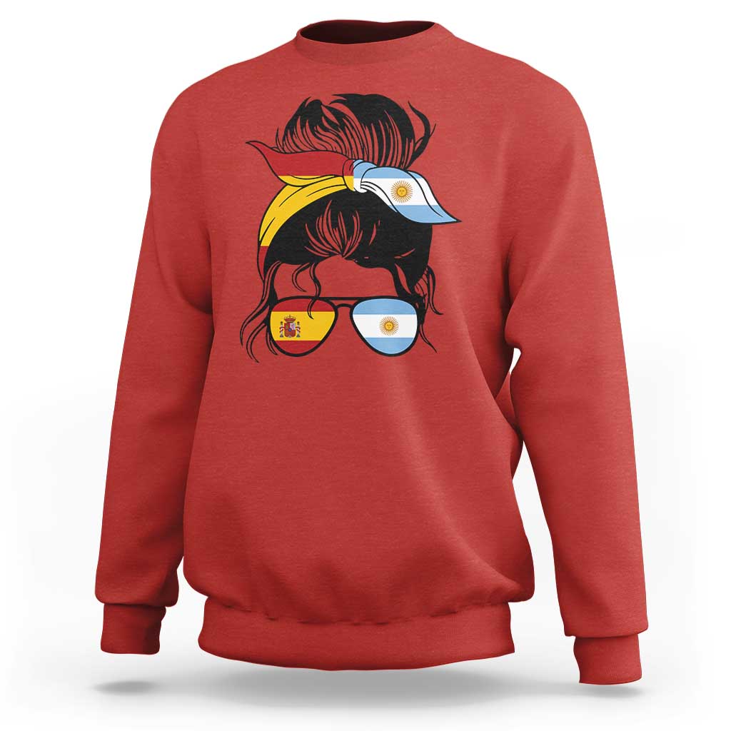 Argentina Spain Flag Messy Bun Girl Graphic Sweatshirt Cool Latina Argentine Spanish Pride Match Day
