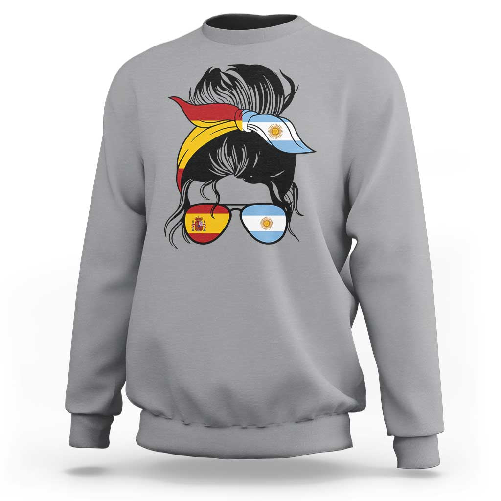 Argentina Spain Flag Messy Bun Girl Graphic Sweatshirt Cool Latina Argentine Spanish Pride Match Day