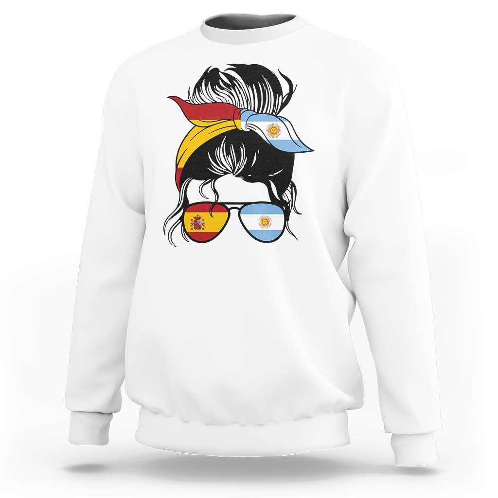 Argentina Spain Flag Messy Bun Girl Graphic Sweatshirt Cool Latina Argentine Spanish Pride Match Day