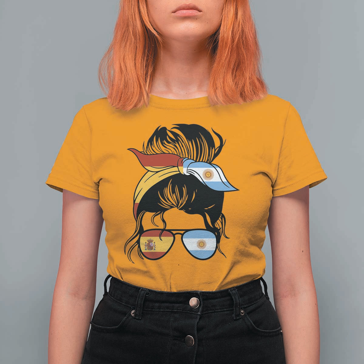 Argentina Spain Flag Messy Bun Girl Graphic T Shirt For Women Cool Latina Argentine Spanish Pride Match Day