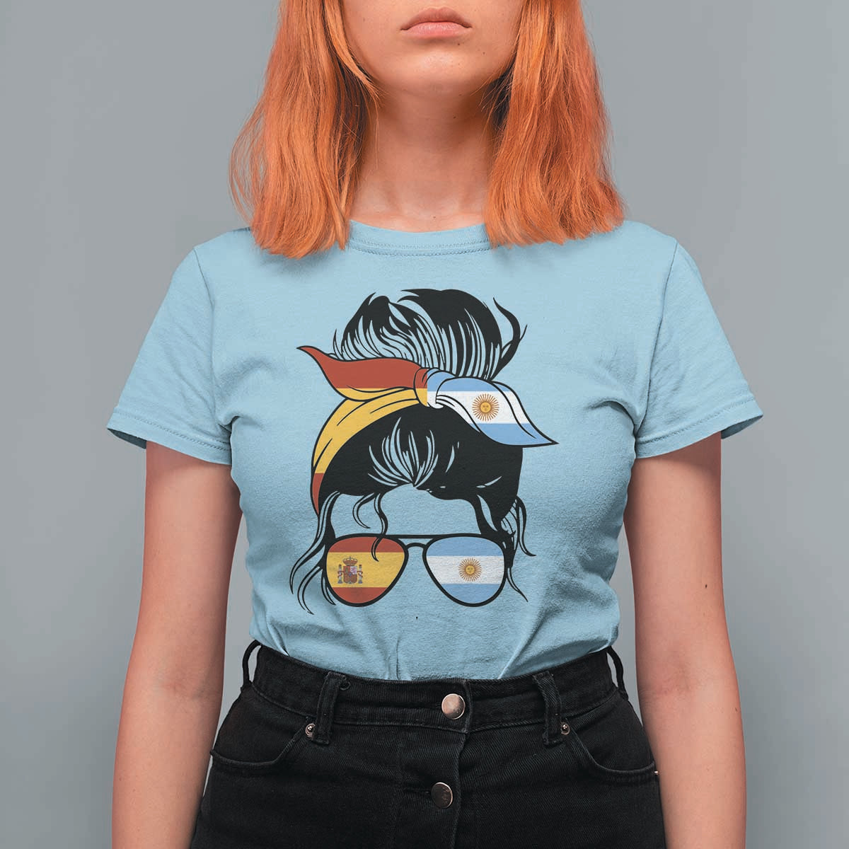 Argentina Spain Flag Messy Bun Girl Graphic T Shirt For Women Cool Latina Argentine Spanish Pride Match Day
