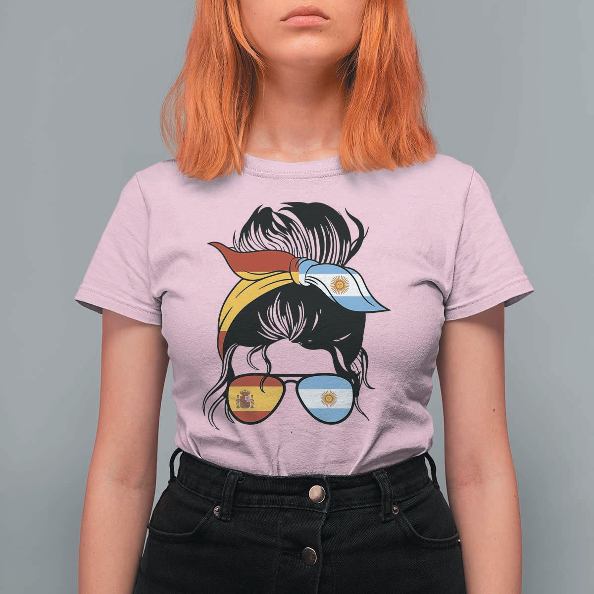 Argentina Spain Flag Messy Bun Girl Graphic T Shirt For Women Cool Latina Argentine Spanish Pride Match Day
