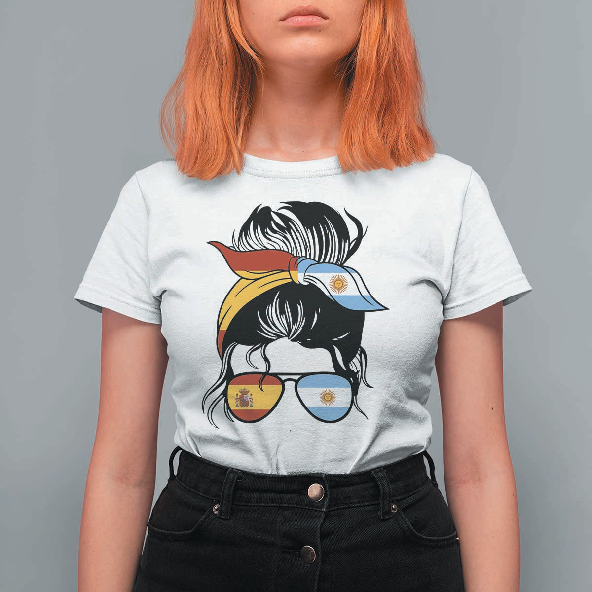 Argentina Spain Flag Messy Bun Girl Graphic T Shirt For Women Cool Latina Argentine Spanish Pride Match Day