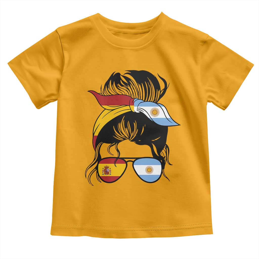 Argentina Spain Flag Messy Bun Girl Graphic Toddler T Shirt Cool Latina Argentine Spanish Pride Match Day