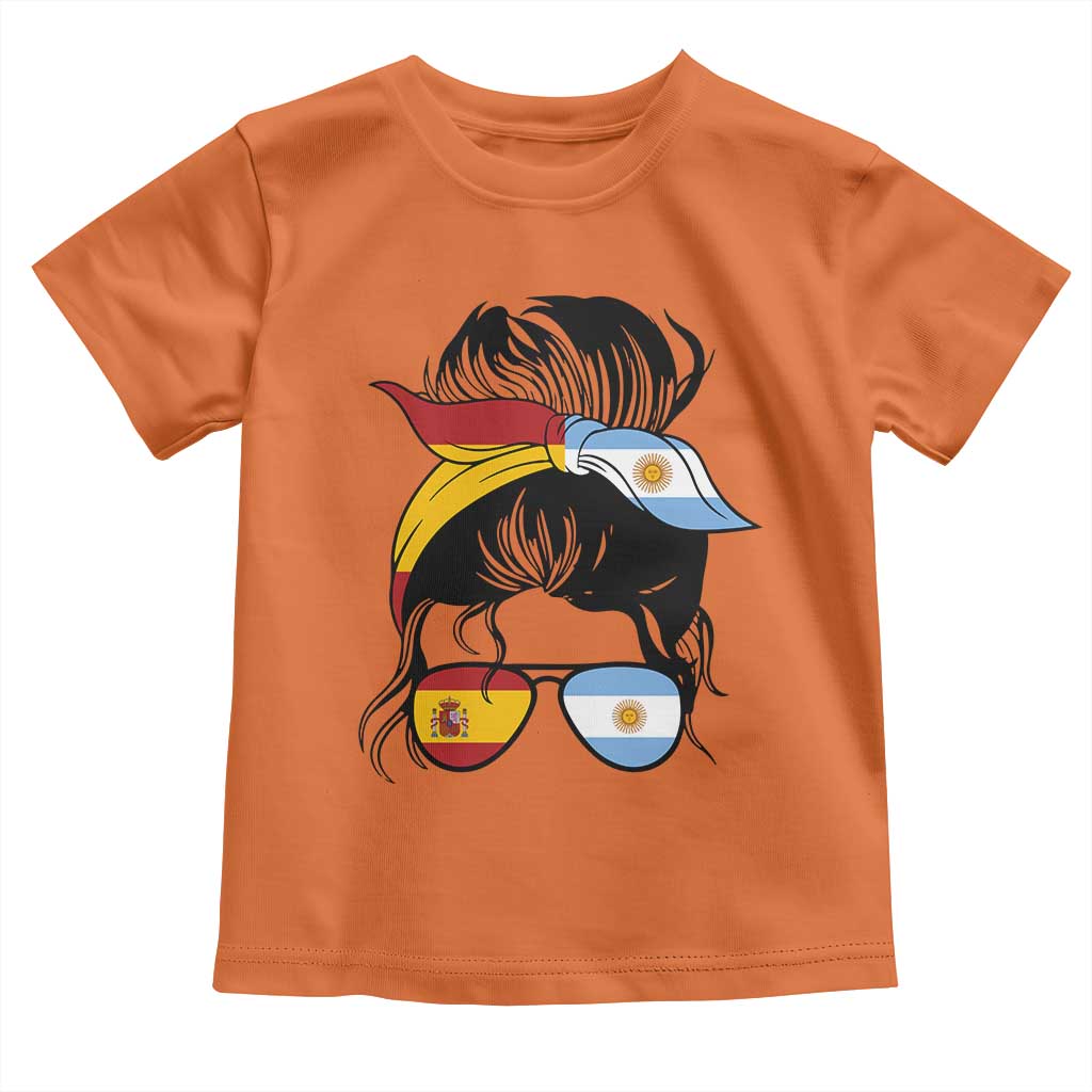 Argentina Spain Flag Messy Bun Girl Graphic Toddler T Shirt Cool Latina Argentine Spanish Pride Match Day