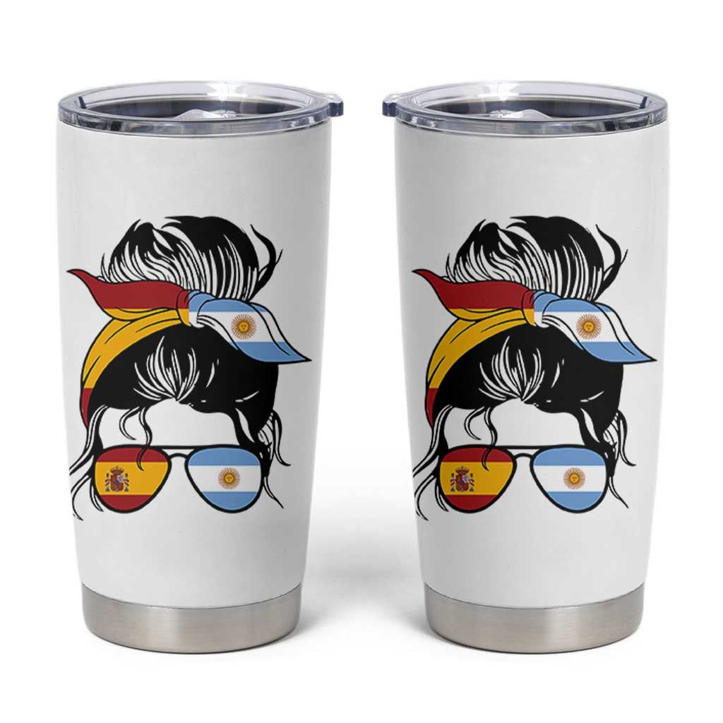 Argentina Spain Flag Messy Bun Girl Graphic Tumbler Cup Cool Latina Argentine Spanish Pride Match Day