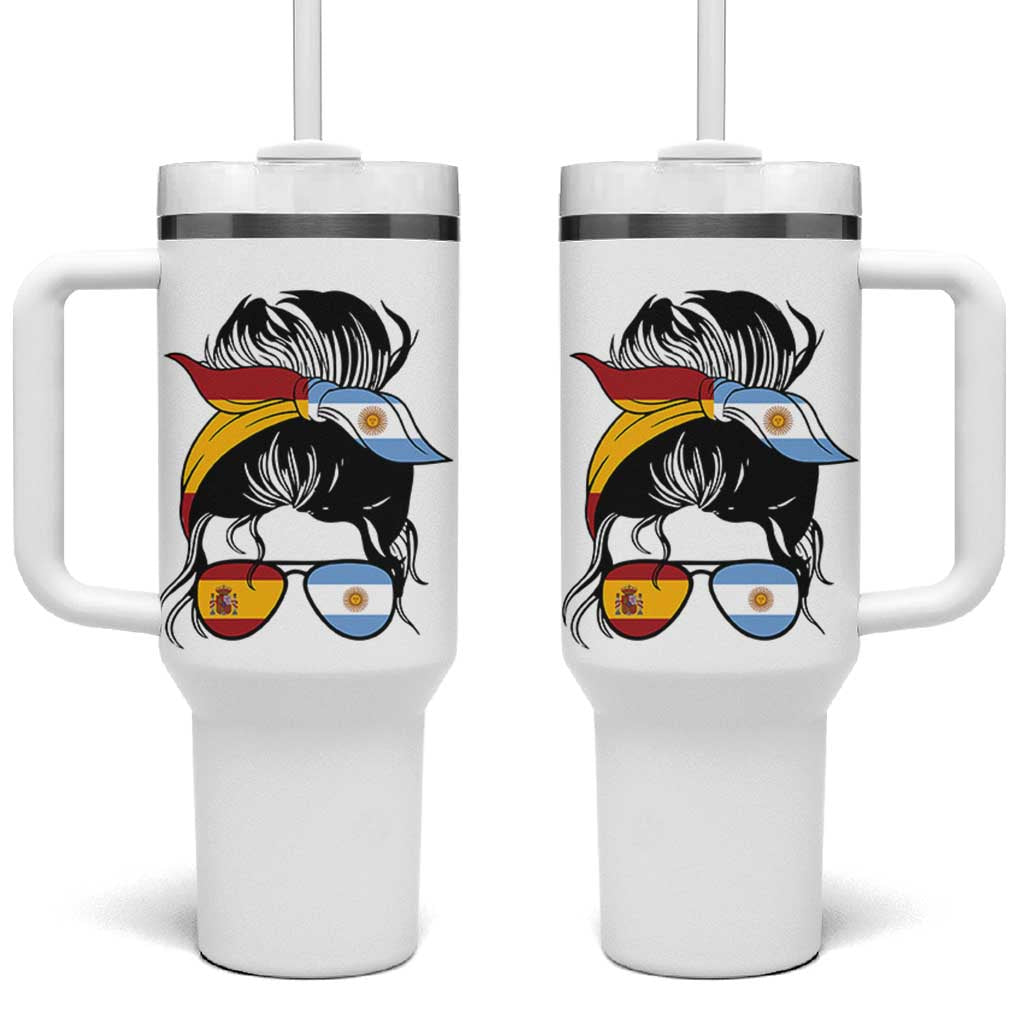 Argentina Spain Flag Messy Bun Girl Graphic Tumbler With Handle Cool Latina Argentine Spanish Pride Match Day