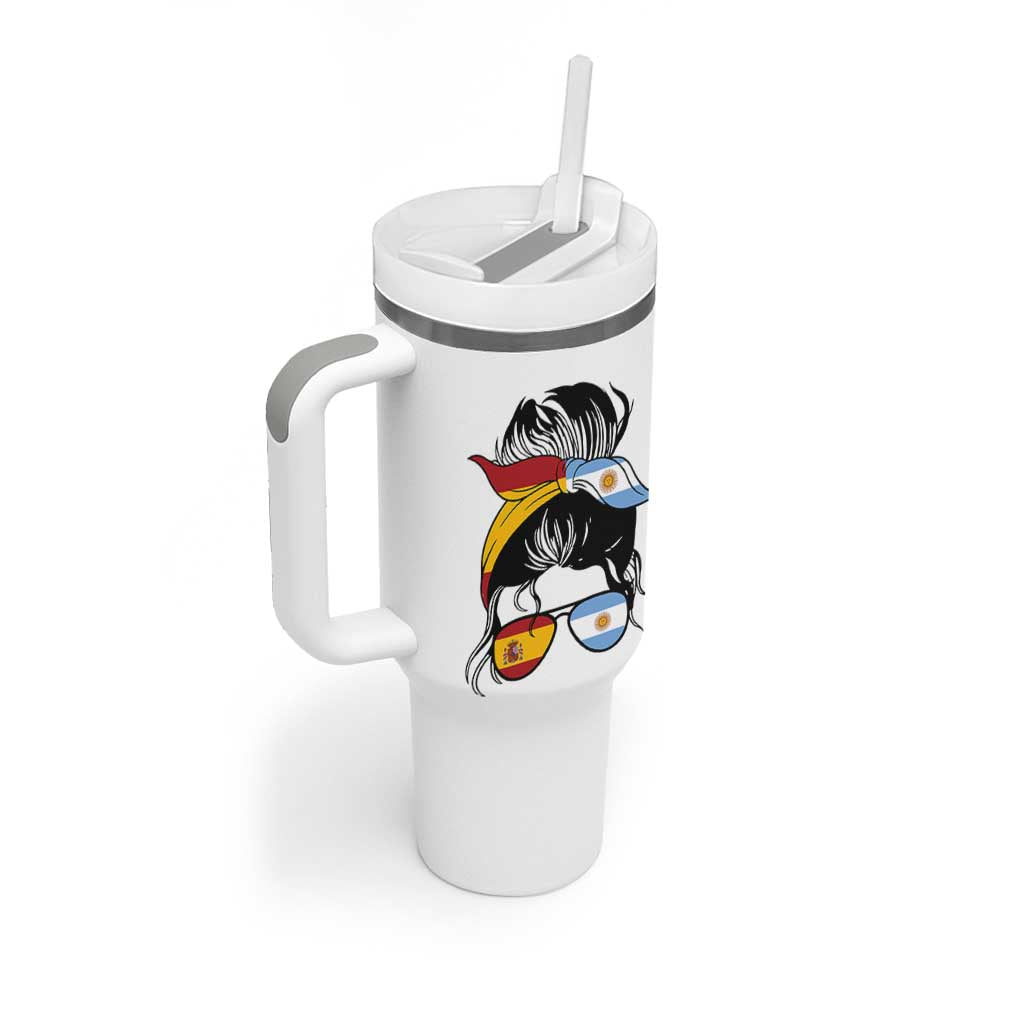 Argentina Spain Flag Messy Bun Girl Graphic Tumbler With Handle Cool Latina Argentine Spanish Pride Match Day