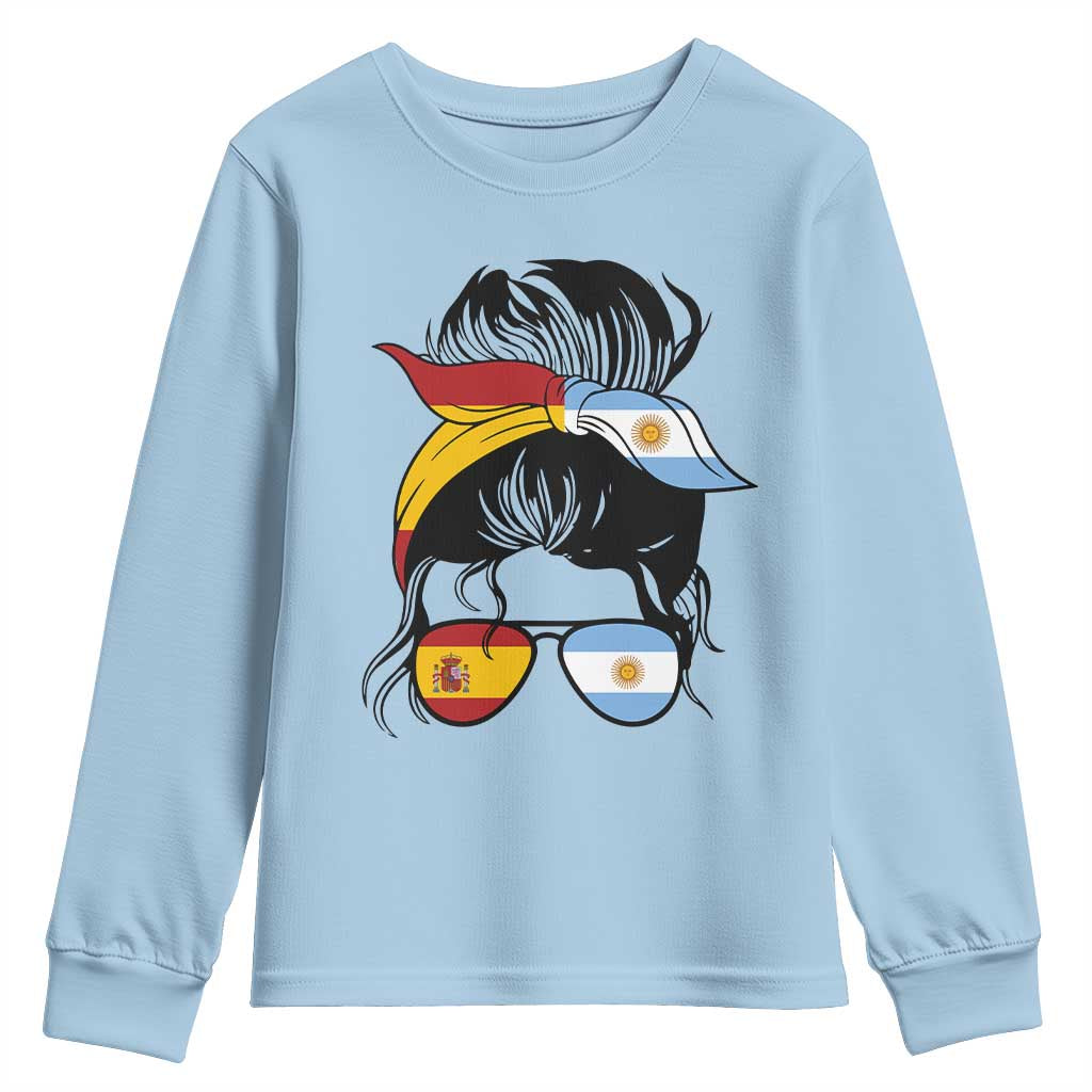 Argentina Spain Flag Messy Bun Girl Graphic Youth Sweatshirt Cool Latina Argentine Spanish Pride Match Day