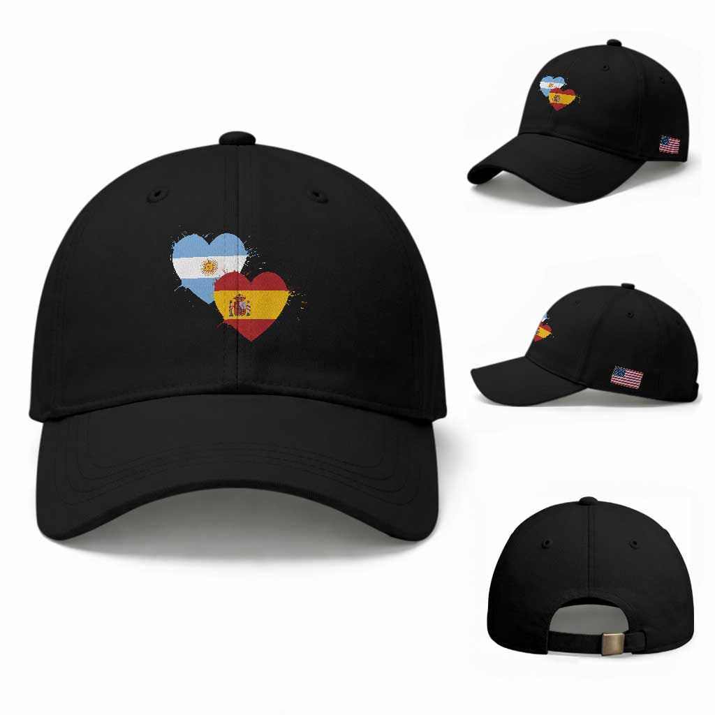 Argentina Spain Flag Two Hearts Graphic Baseball Cap Dual Argentine Spanish Heritage Love Pride