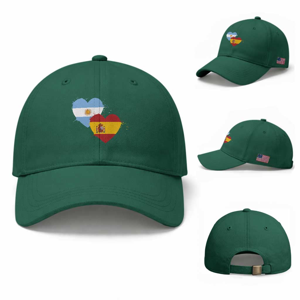Argentina Spain Flag Two Hearts Graphic Baseball Cap Dual Argentine Spanish Heritage Love Pride