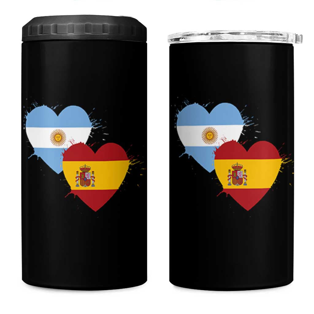 Argentina Spain Flag Two Hearts Graphic 4 in 1 Can Cooler Tumbler Dual Argentine Spanish Heritage Love Pride