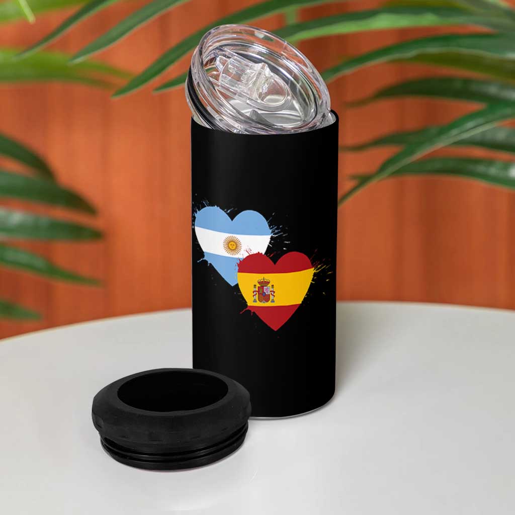 Argentina Spain Flag Two Hearts Graphic 4 in 1 Can Cooler Tumbler Dual Argentine Spanish Heritage Love Pride