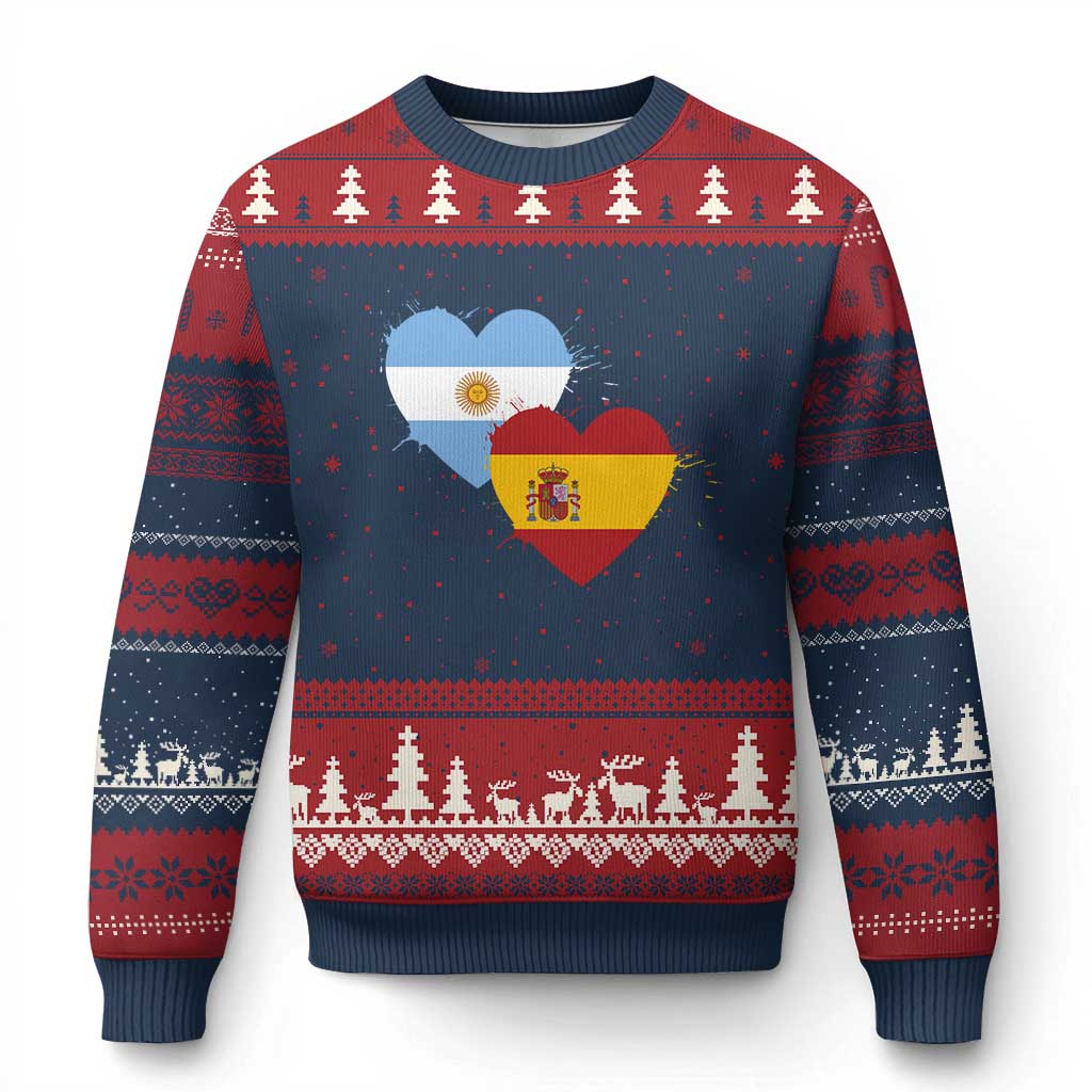 Argentina Spain Flag Two Hearts Graphic Ugly Christmas Sweater Dual Argentine Spanish Heritage Love Pride