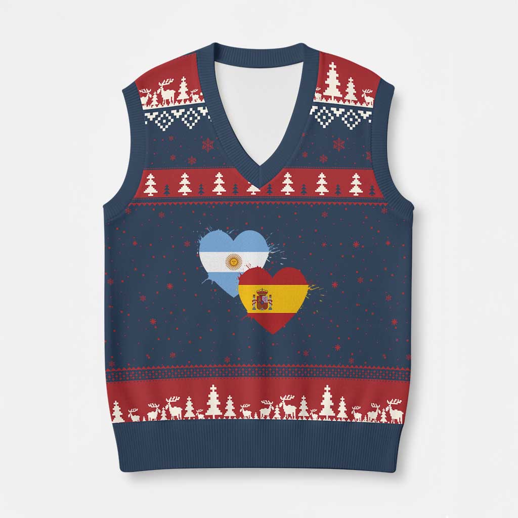 Argentina Spain Flag Two Hearts Graphic V-Neck Knit Sweater Vest Dual Argentine Spanish Heritage Love Pride