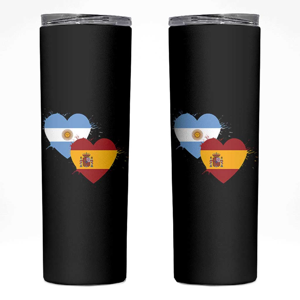Argentina Spain Flag Two Hearts Graphic Skinny Tumbler Dual Argentine Spanish Heritage Love Pride