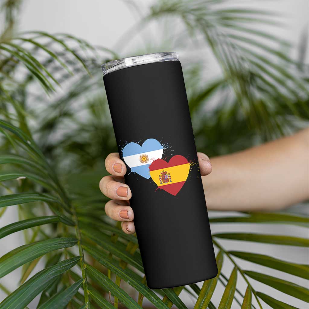 Argentina Spain Flag Two Hearts Graphic Skinny Tumbler Dual Argentine Spanish Heritage Love Pride