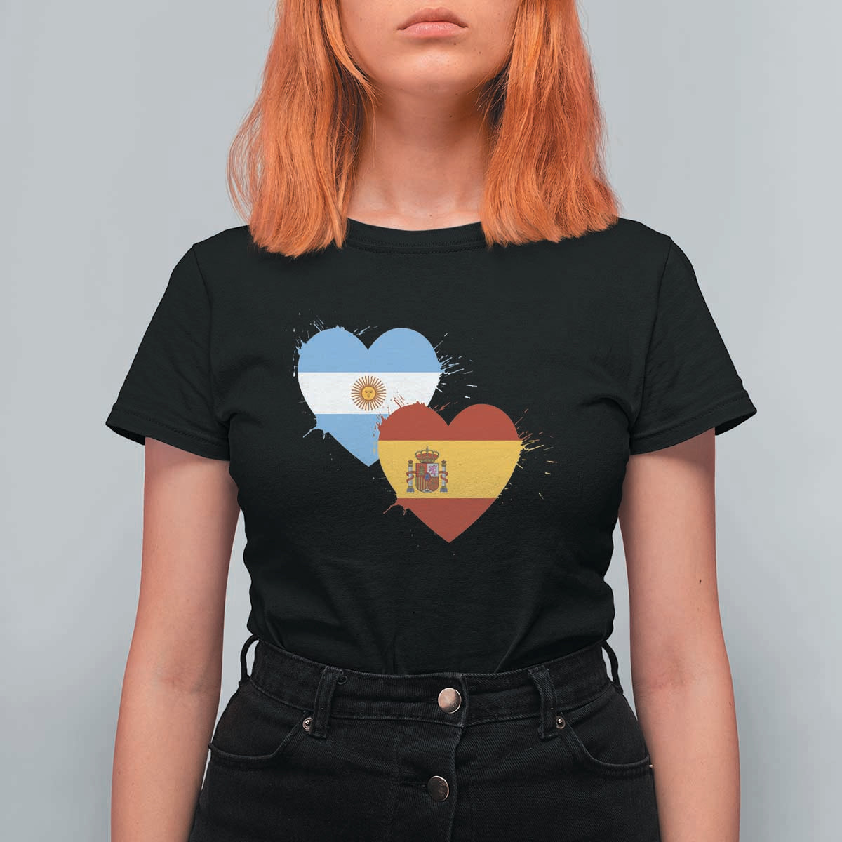Argentina Spain Flag Two Hearts Graphic T Shirt For Women Dual Argentine Spanish Heritage Love Pride