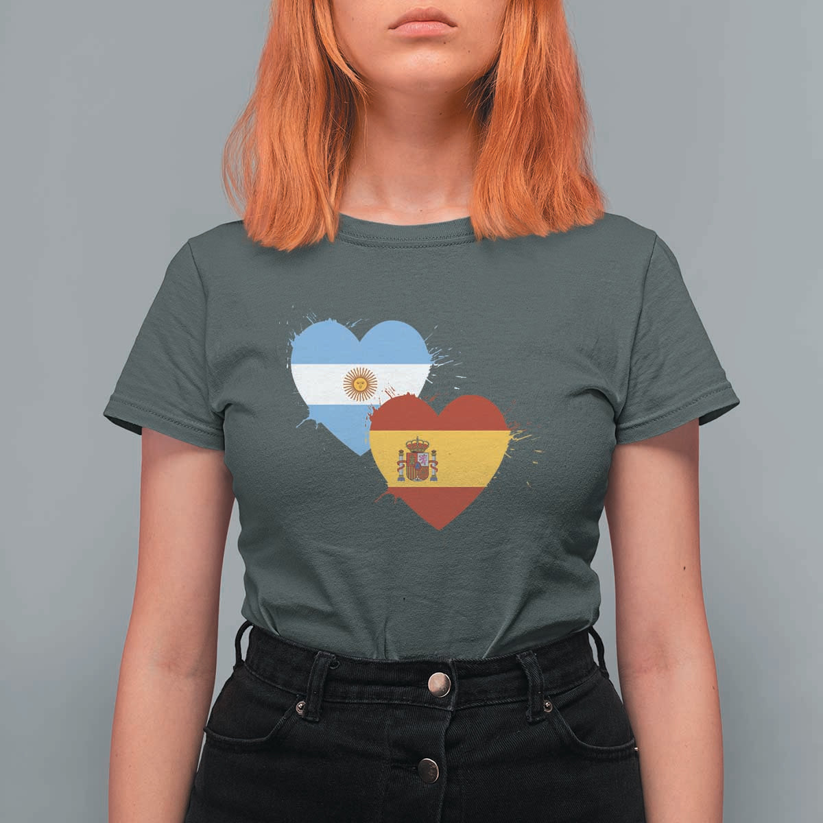 Argentina Spain Flag Two Hearts Graphic T Shirt For Women Dual Argentine Spanish Heritage Love Pride