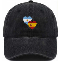 Argentina Spain Flag Two Hearts Graphic Washed Cotton Baseball Cap Dual Argentine Spanish Heritage Love Pride