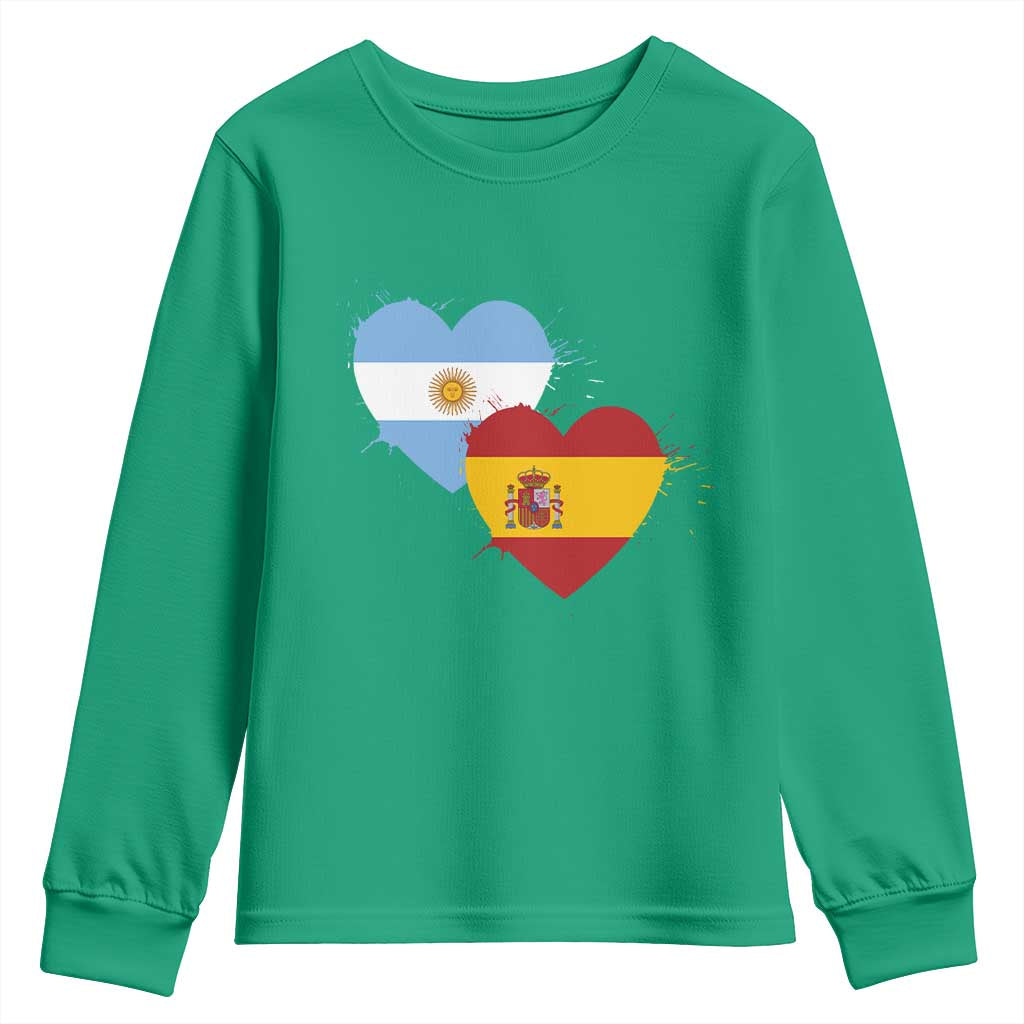 Argentina Spain Flag Two Hearts Graphic Youth Sweatshirt Dual Argentine Spanish Heritage Love Pride