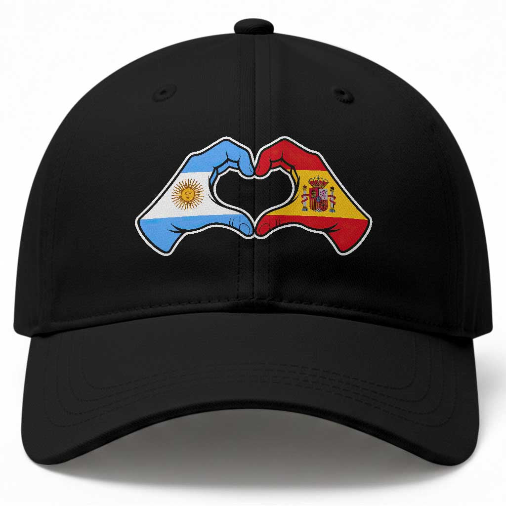 Argentina Spain Flag Heart Hands Graphic Baseball Cap Argentine Spanish Mixed Roots Pride Dual Heritage Match Day