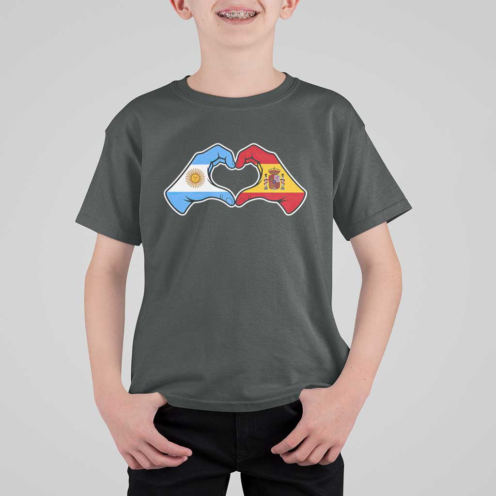Argentina Spain Flag Heart Hands Graphic T Shirt For Kid Argentine Spanish Mixed Roots Pride Dual Heritage Match Day