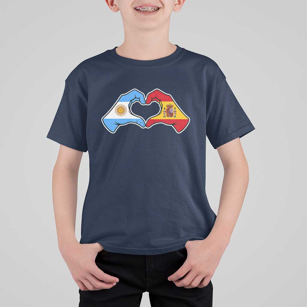 Argentina Spain Flag Heart Hands Graphic T Shirt For Kid Argentine Spanish Mixed Roots Pride Dual Heritage Match Day
