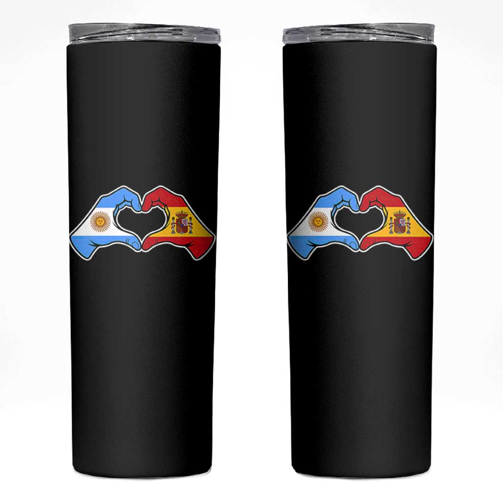 Argentina Spain Flag Heart Hands Graphic Skinny Tumbler Argentine Spanish Mixed Roots Pride Dual Heritage Match Day