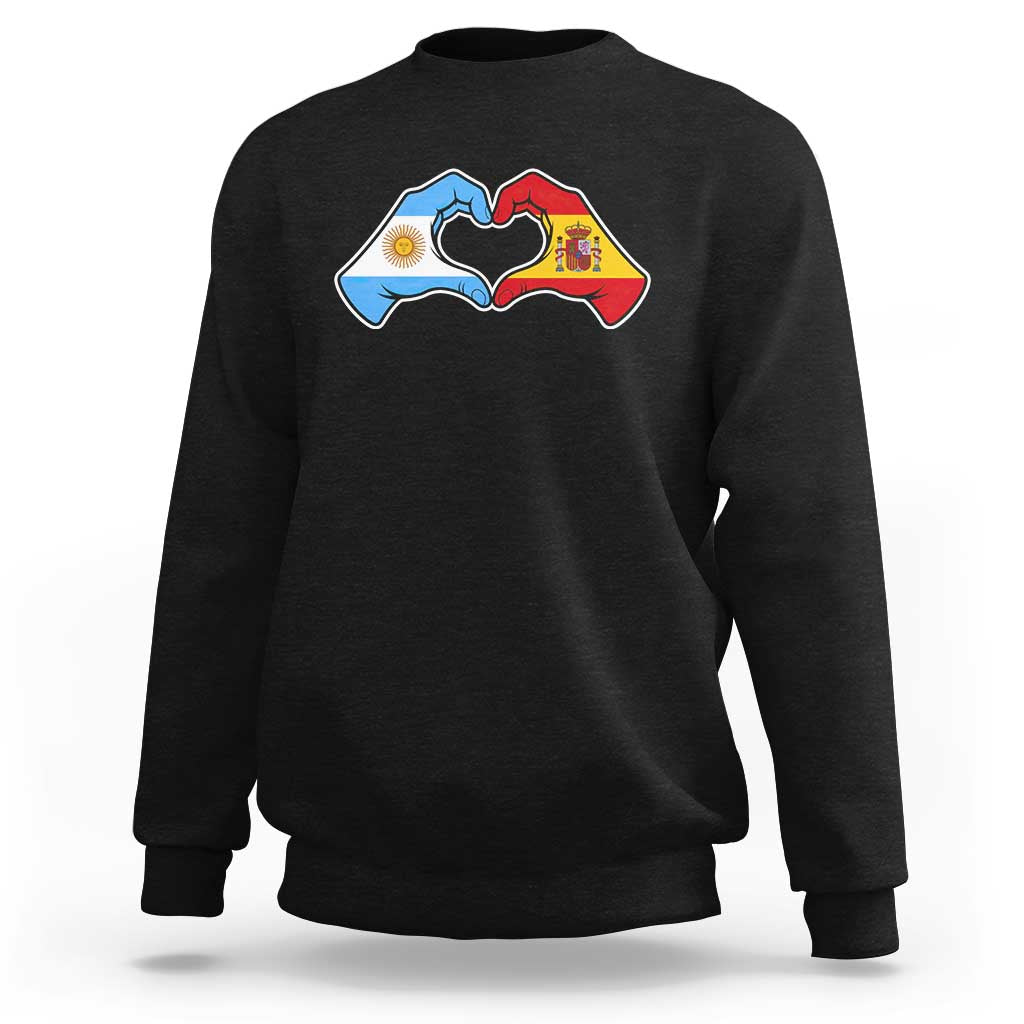 Argentina Spain Flag Heart Hands Graphic Sweatshirt Argentine Spanish Mixed Roots Pride Dual Heritage Match Day