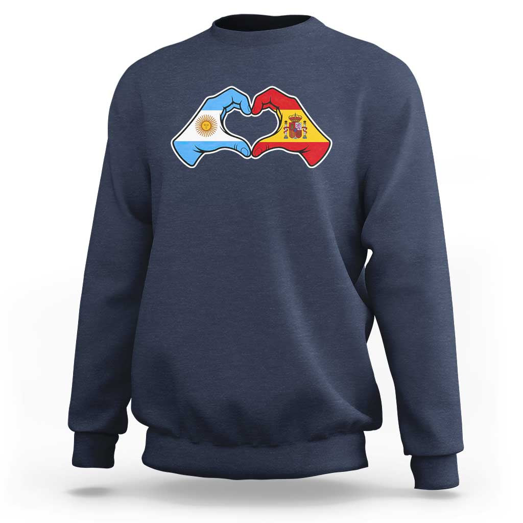 Argentina Spain Flag Heart Hands Graphic Sweatshirt Argentine Spanish Mixed Roots Pride Dual Heritage Match Day