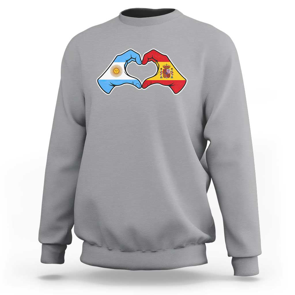 Argentina Spain Flag Heart Hands Graphic Sweatshirt Argentine Spanish Mixed Roots Pride Dual Heritage Match Day