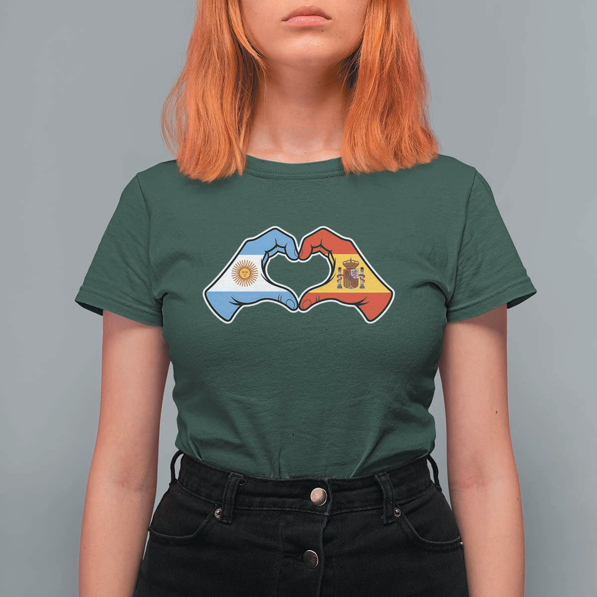 Argentina Spain Flag Heart Hands Graphic T Shirt For Women Argentine Spanish Mixed Roots Pride Dual Heritage Match Day