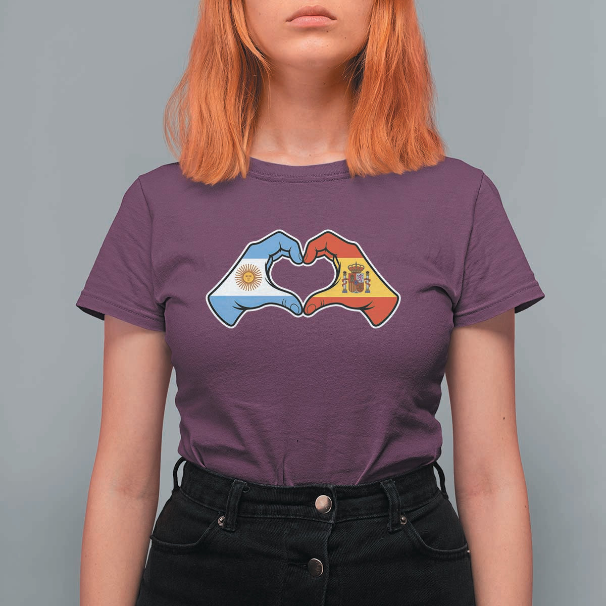 Argentina Spain Flag Heart Hands Graphic T Shirt For Women Argentine Spanish Mixed Roots Pride Dual Heritage Match Day