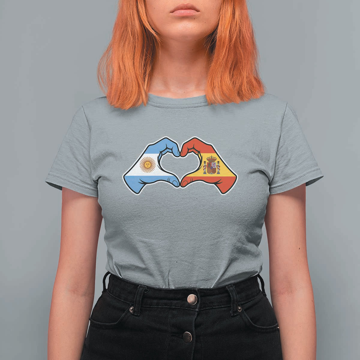 Argentina Spain Flag Heart Hands Graphic T Shirt For Women Argentine Spanish Mixed Roots Pride Dual Heritage Match Day