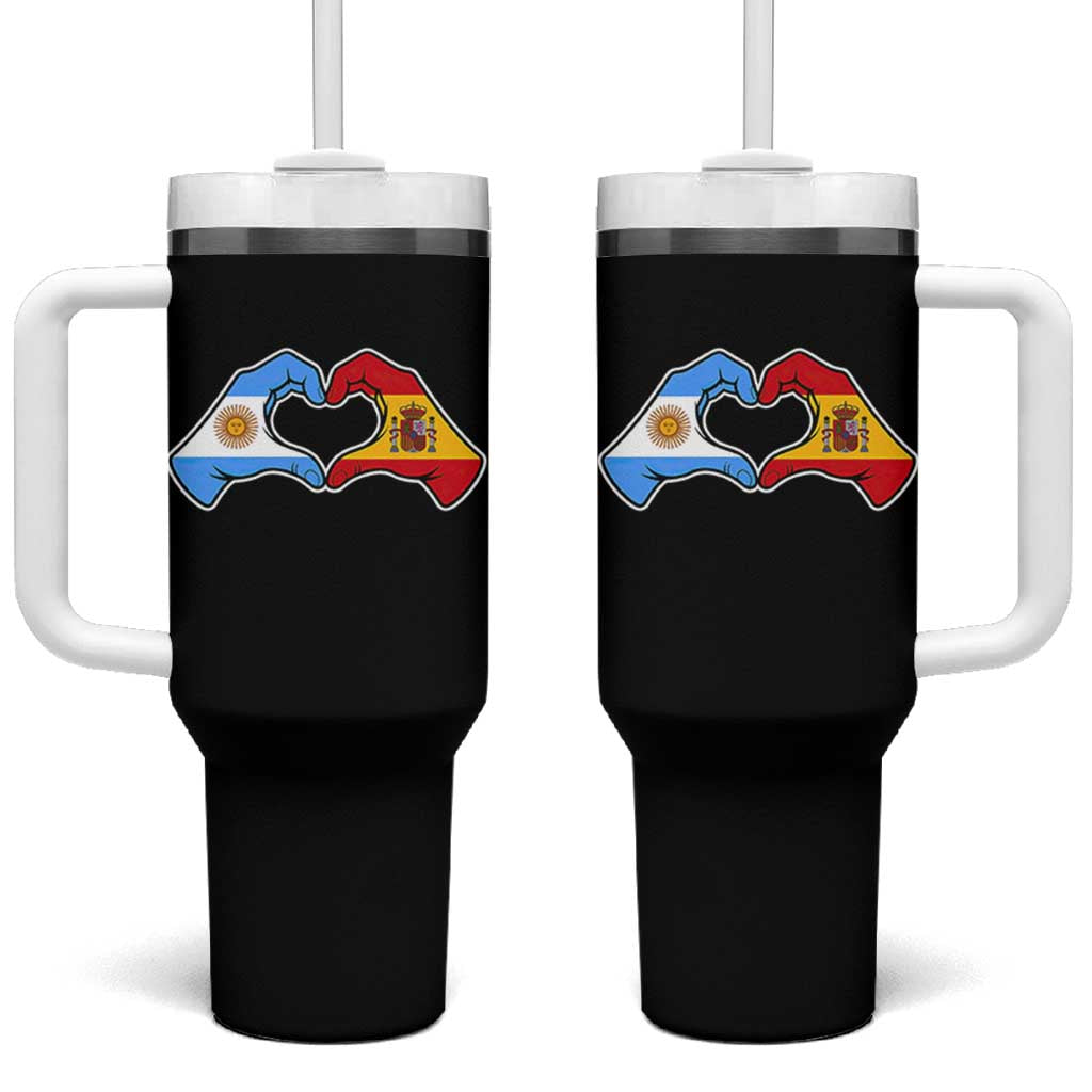 Argentina Spain Flag Heart Hands Graphic Tumbler With Handle Argentine Spanish Mixed Roots Pride Dual Heritage Match Day