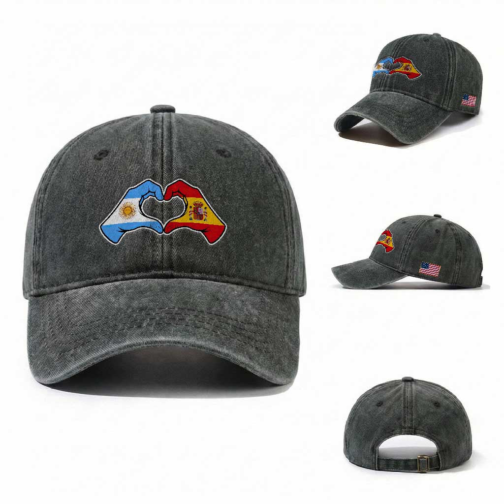 Argentina Spain Flag Heart Hands Graphic Washed Cotton Baseball Cap Argentine Spanish Mixed Roots Pride Dual Heritage Match Day