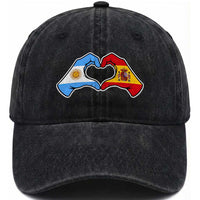 Argentina Spain Flag Heart Hands Graphic Washed Cotton Baseball Cap Argentine Spanish Mixed Roots Pride Dual Heritage Match Day