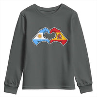 Argentina Spain Flag Heart Hands Graphic Youth Sweatshirt Argentine Spanish Mixed Roots Pride Dual Heritage Match Day