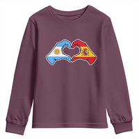 Argentina Spain Flag Heart Hands Graphic Youth Sweatshirt Argentine Spanish Mixed Roots Pride Dual Heritage Match Day