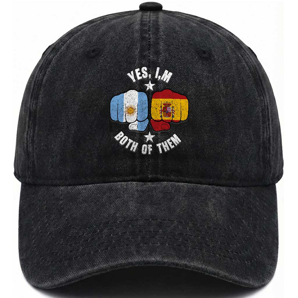 Yes Im Both Of Them Argentina Spain Fist Bump Graphic Washed Cotton Baseball Cap Proud Spanish Argentine Dual Heritage Pride Match Day
