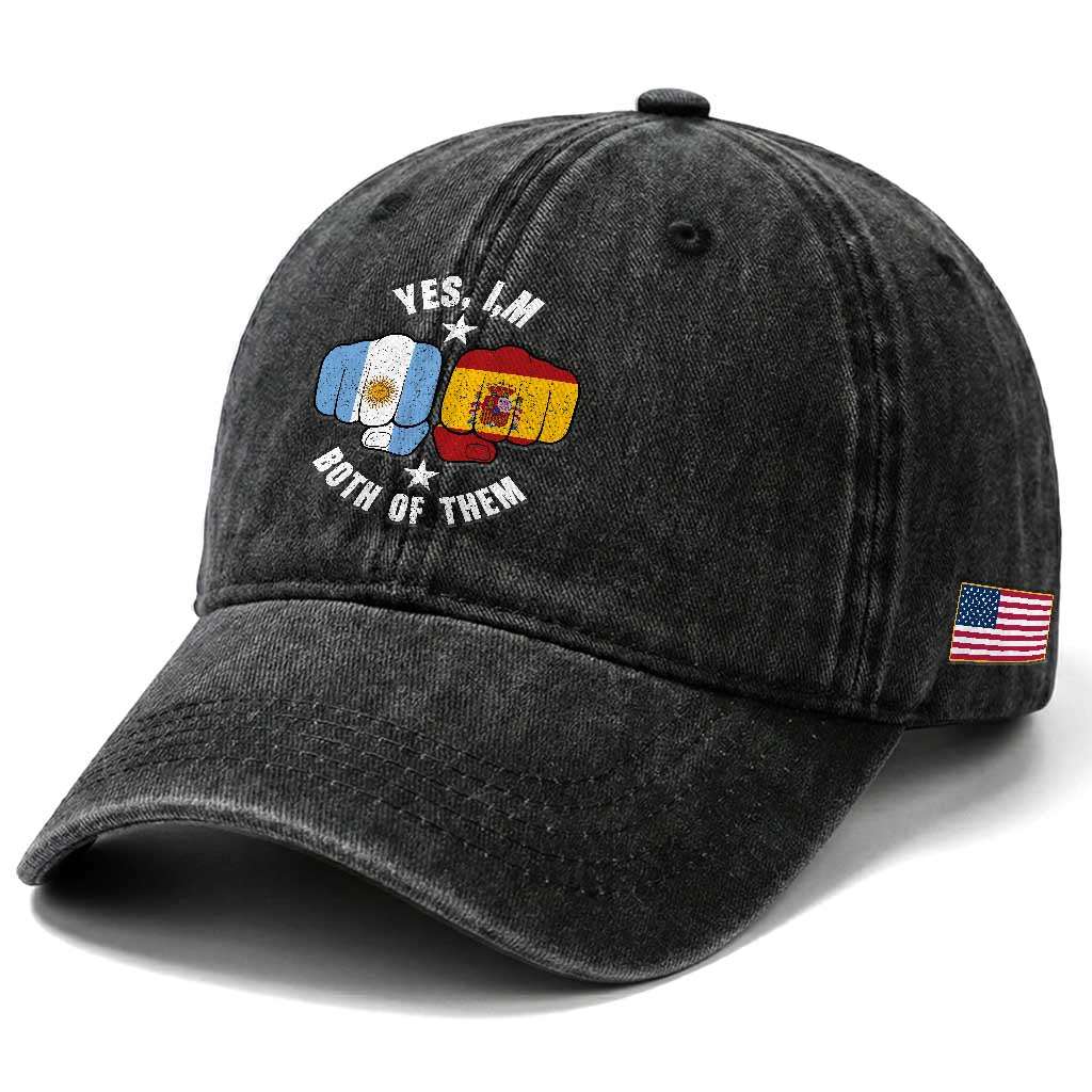 Yes Im Both Of Them Argentina Spain Fist Bump Graphic Washed Cotton Baseball Cap Proud Spanish Argentine Dual Heritage Pride Match Day