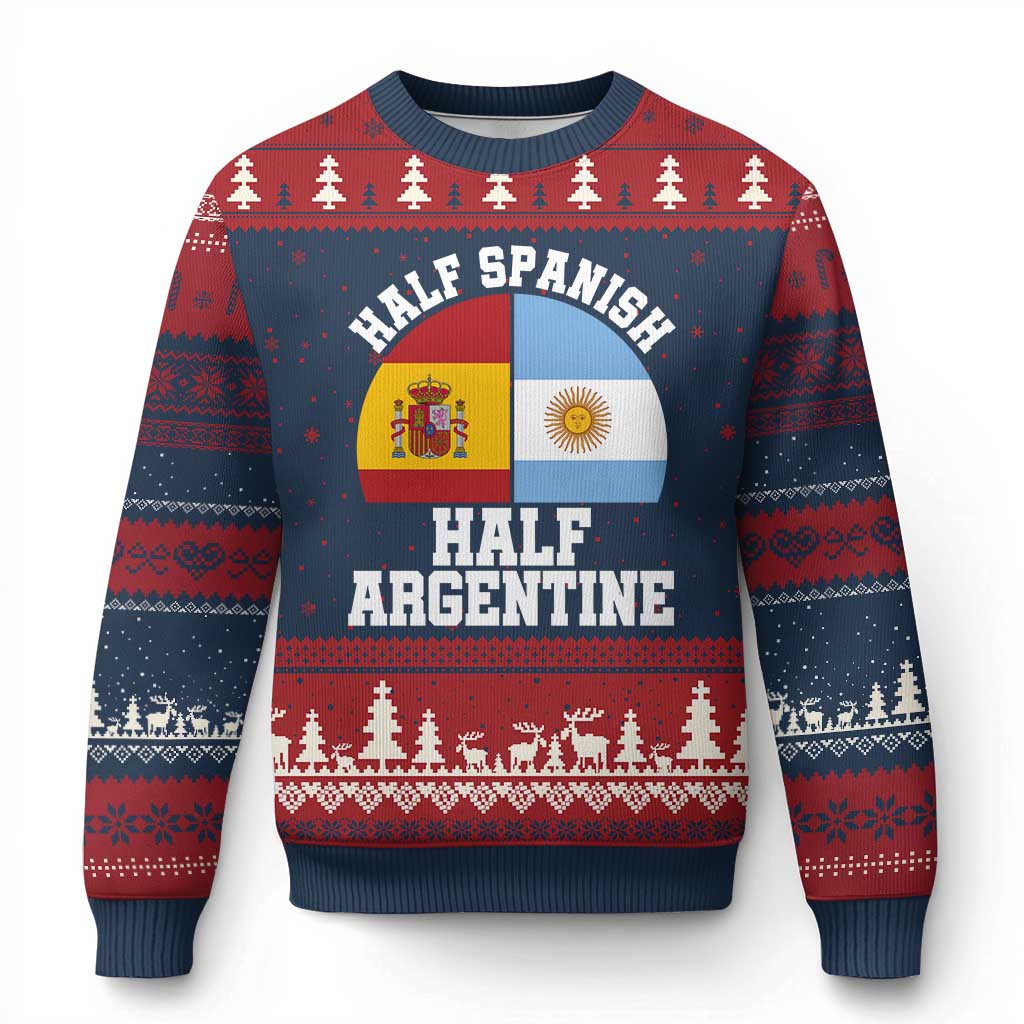 Half Spanish Half Argentine Flag Graphic Ugly Christmas Sweater Proud Spain Argentina Dual Heritage Pride