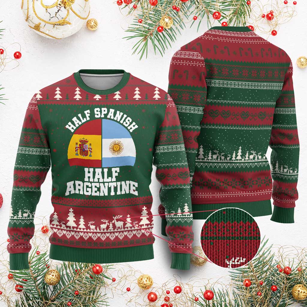 Half Spanish Half Argentine Flag Graphic Ugly Christmas Sweater Proud Spain Argentina Dual Heritage Pride