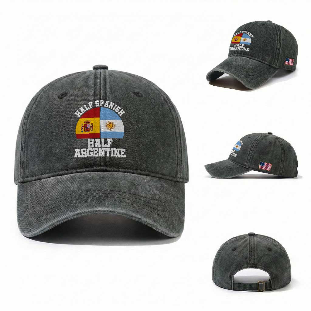 Half Spanish Half Argentine Flag Graphic Washed Cotton Baseball Cap Proud Spain Argentina Dual Heritage Pride