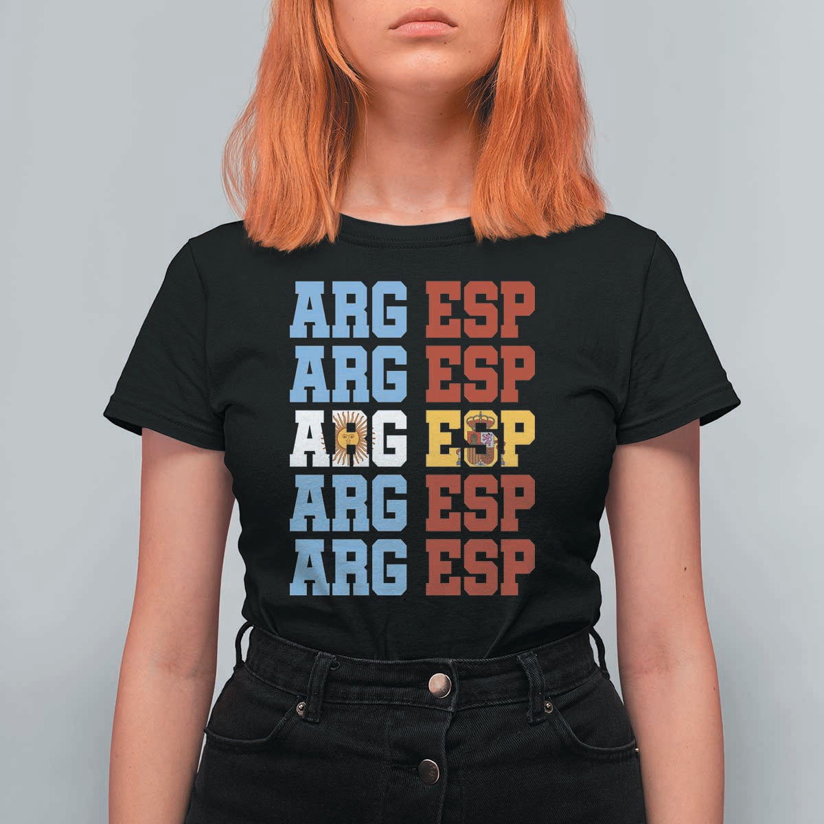 Retro ARG ESP Argentina Espana Flag Typography Graphic T Shirt For Women Country Code Dual Argentine Spainish Heritage Pride