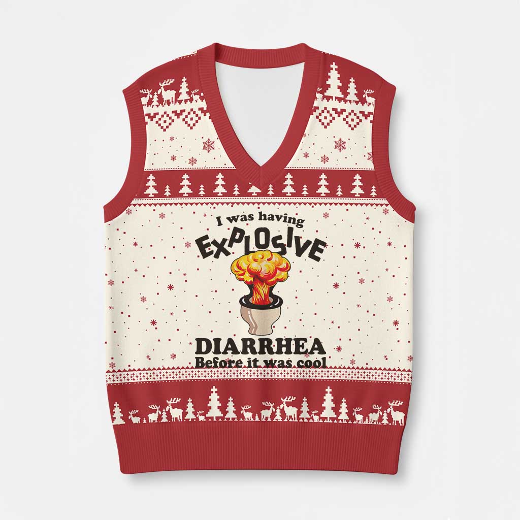 Funny Toilet Mushroom Cloud Gag Graphic V-Neck Knit Sweater Vest I Was Having Explosive Diarrhea Before It Was Cool
